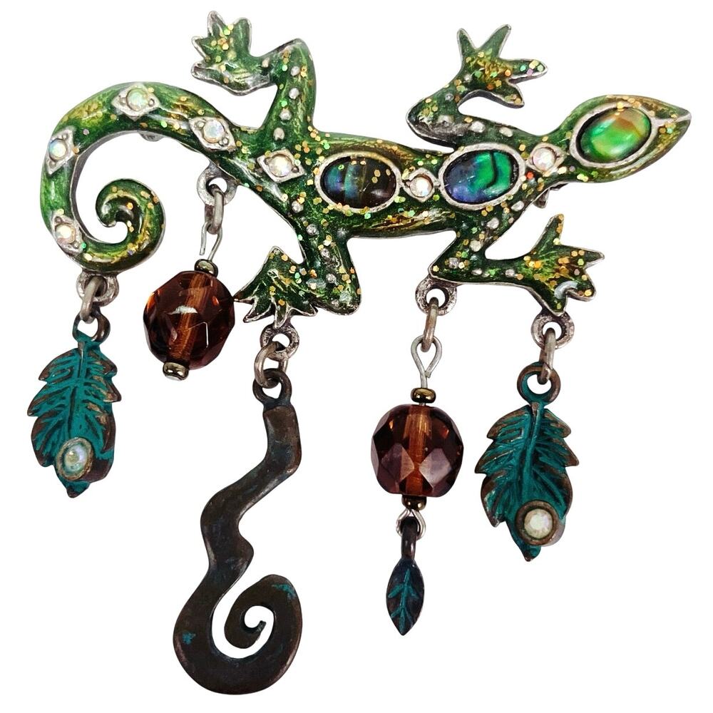 Vintage Green Enamel Gecko Lizard Brooch Abalone Shell Inlay Dangle Figural Pin